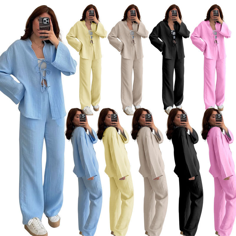 211496 Summer and Autum New Cross-Border European and American Pure Color Lace-Up Cardigan Long-Sleeved Women's Fashion Casual Pants Suit