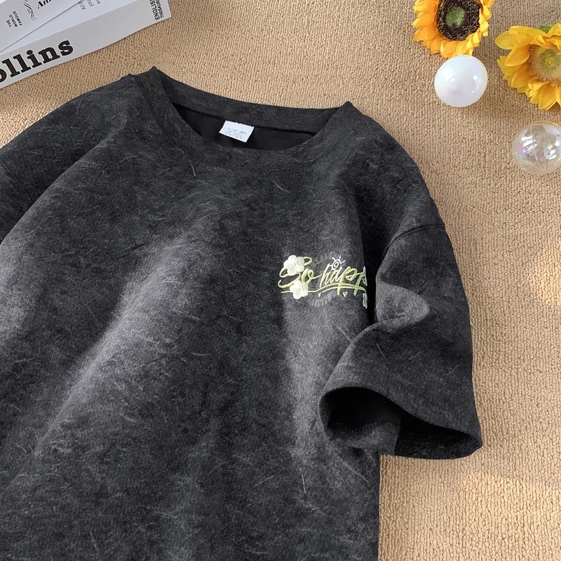 240 グラムヘビーウェイトサンドウォッシュアイスシルク半袖 Tシャツボーイズ夏のトレンディなブランド刺繍テンセル半袖ルーズラウンドネック Tシャツ|undefined