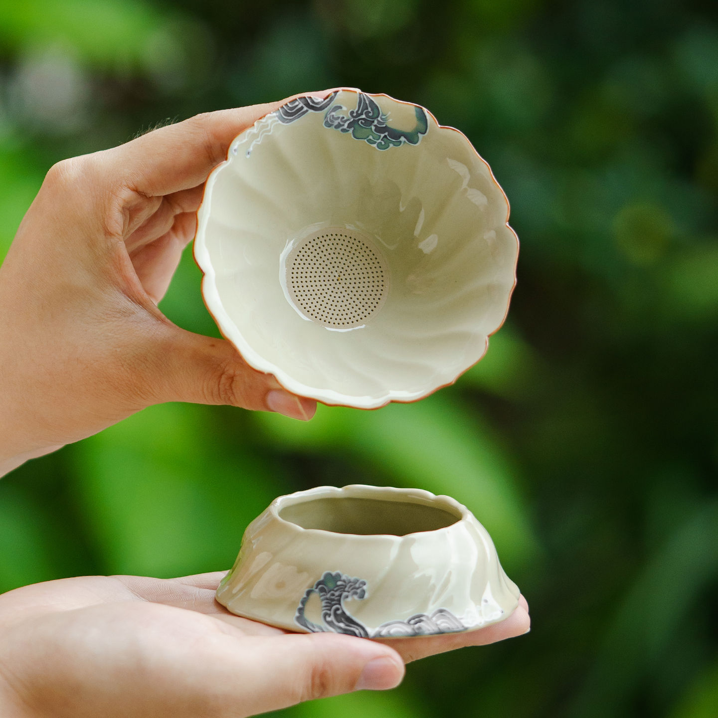草木灰陶瓷茶滤茶漏家用泡茶专用茶叶过滤网手绘堆雕海浪茶具配件