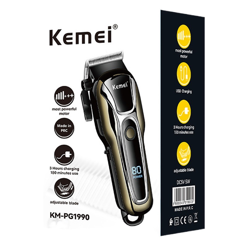 Cortadora de pelo Kemei KM-1990PG de alta potencia con pantalla digital LCD, cortadora eléctrica profesional para peluquería con USB.