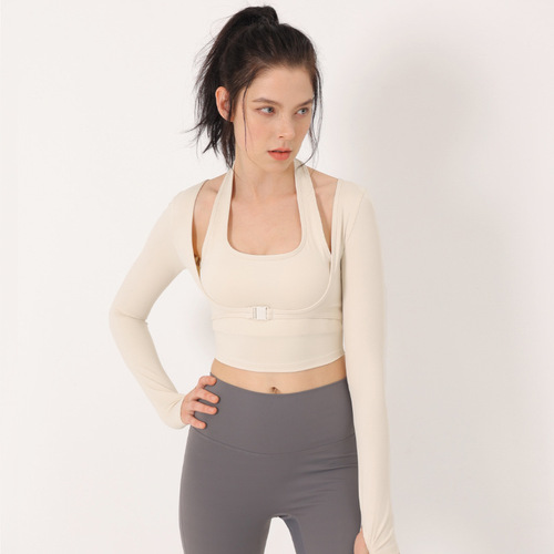 Yoga top for women with bra cups, autumn and winter trendy fitness clothing, tight long-sleeved top, quick-drying and breathable running T-shirt