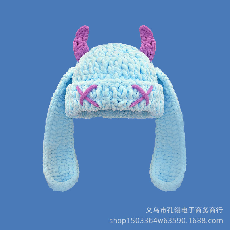日系甜美多巴胺小恶魔毛线帽子女秋冬新款户外百搭保暖加厚针织帽|undefined