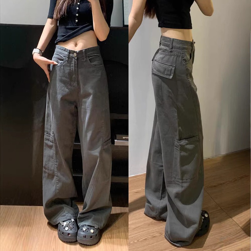 American Retro Gray Wide-Leg Work Pants for Women, Spring 2026 New Style, Loose and Lazy Style, Slimming Straight-Leg Jeans