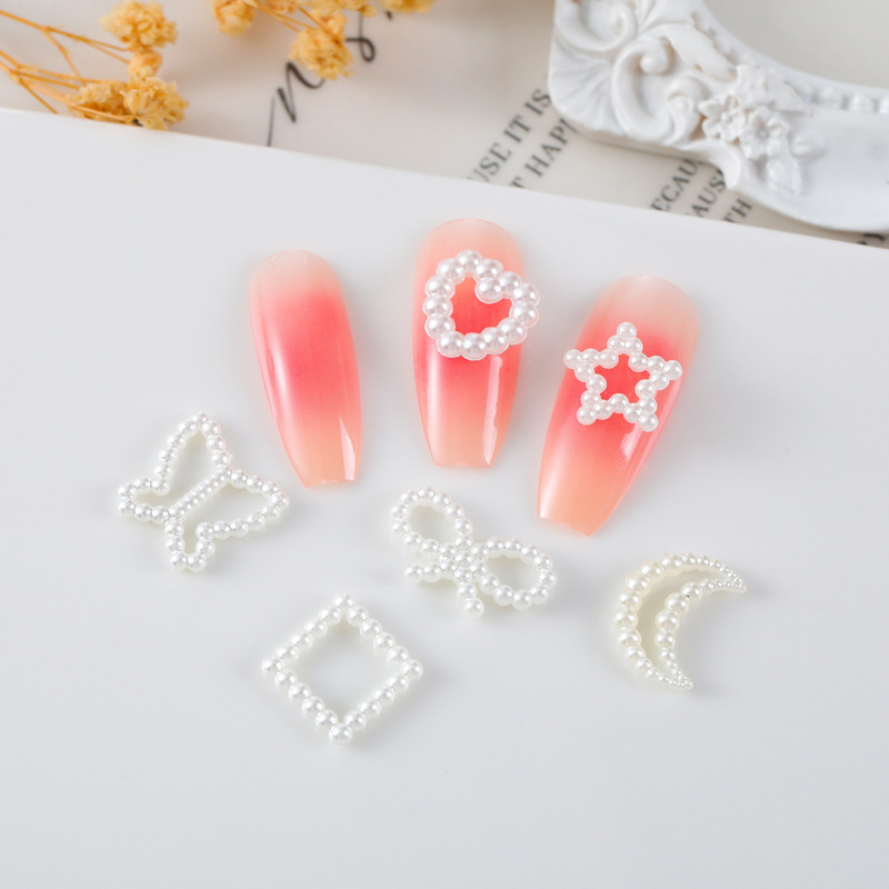 Hollow Pearl Sweet White Moon Bow Nail Stickers Heart Pentagram 3D Nail Decoration Accessories