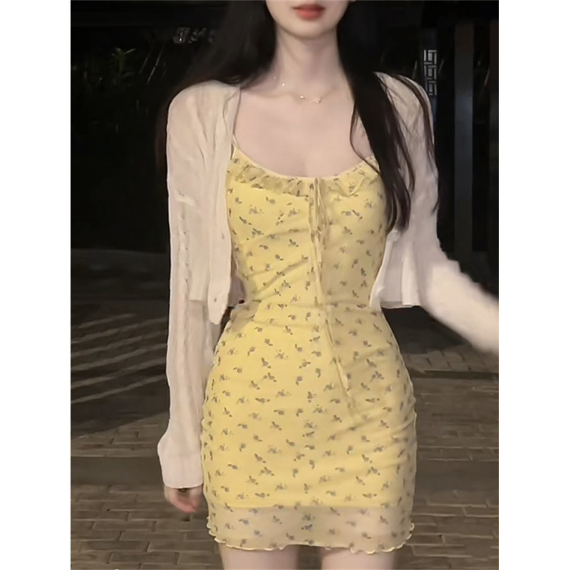 甘いスタイルのウエスト花柄サスペンダースカートスーツ女性のための夏の薄いカーディガンスリムホットガールドレス|undefined