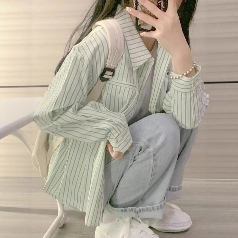 2025设计感小众上衣宽松小个子日系复古法式款条纹衬衫女春秋港风|undefined