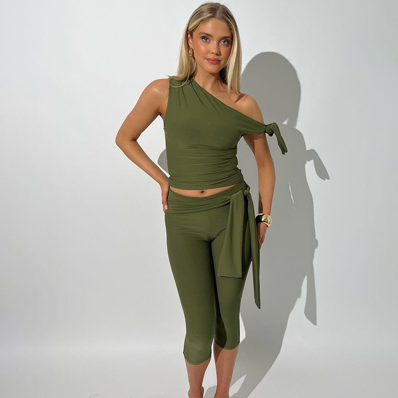 Women's Clothing Women's Sleeveless Asymmetrical Neck Top And Tie Shorts Versatile Set Slim Fit Street Style Fashion Autumn_ecoleips.com