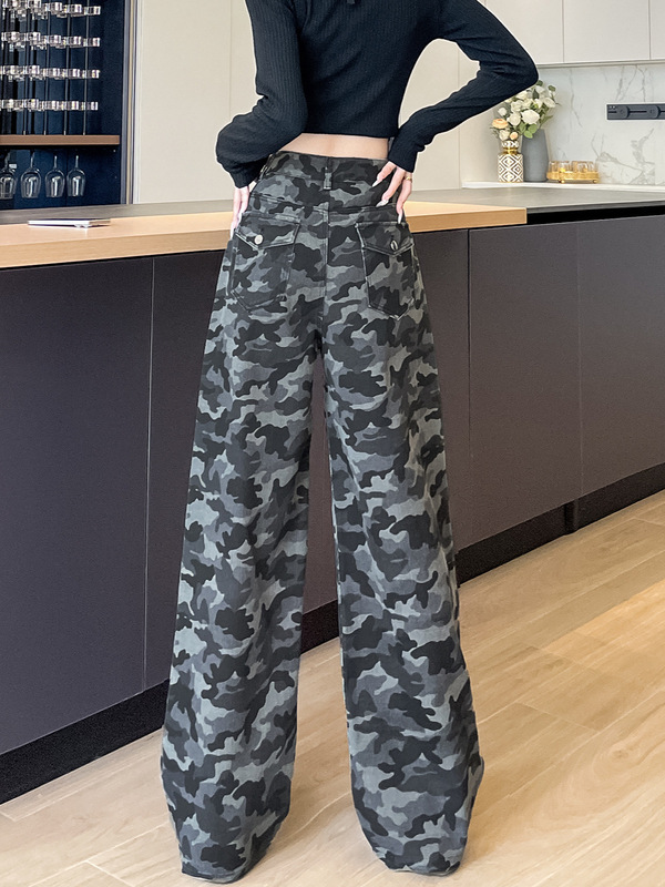 2025秋季新款美式迷彩阔腿牛仔裤显瘦工装裤小个子裤子女款A7409|undefined