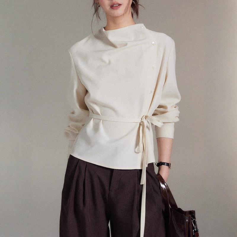 Elegant Asymmetric Swing Collar Asymmetrical Placket Tie Waist Top Women's High-End Shirt by Er Yang Design [Shi Yi]
