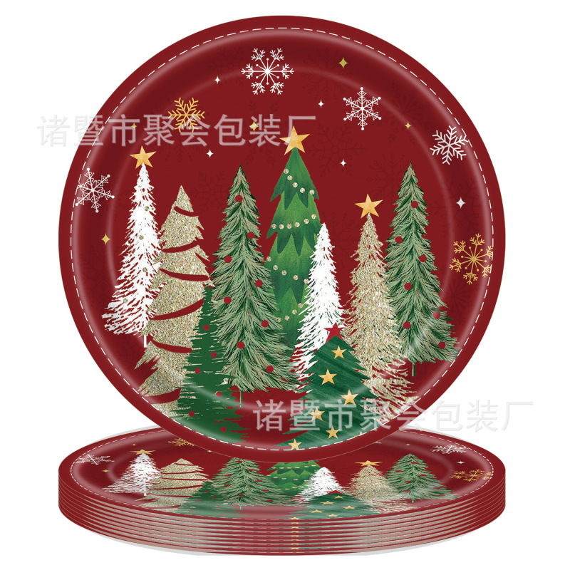 跨境新款松树圣诞节派对用品复古印花一次性桌布pe红绿色餐具套装|undefined