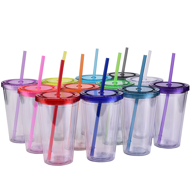 Double-layer Plastic Straw Cup With Lid 16oz Straight Cup Water Cup display picture 1