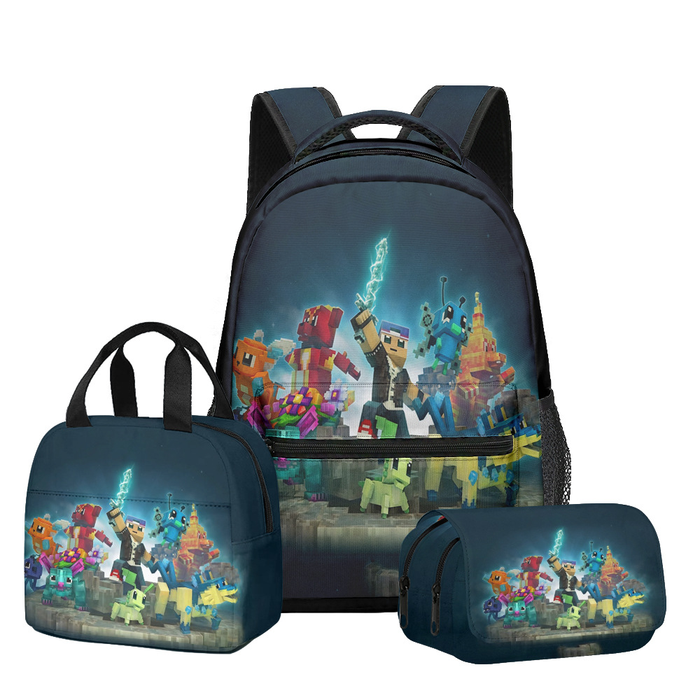 Nuevo producto 3D My World Minecraft mochila de estudiantes de primaria y secundaria bolsa de almuerzo bolsa de bolígrafo doble tres piezas set