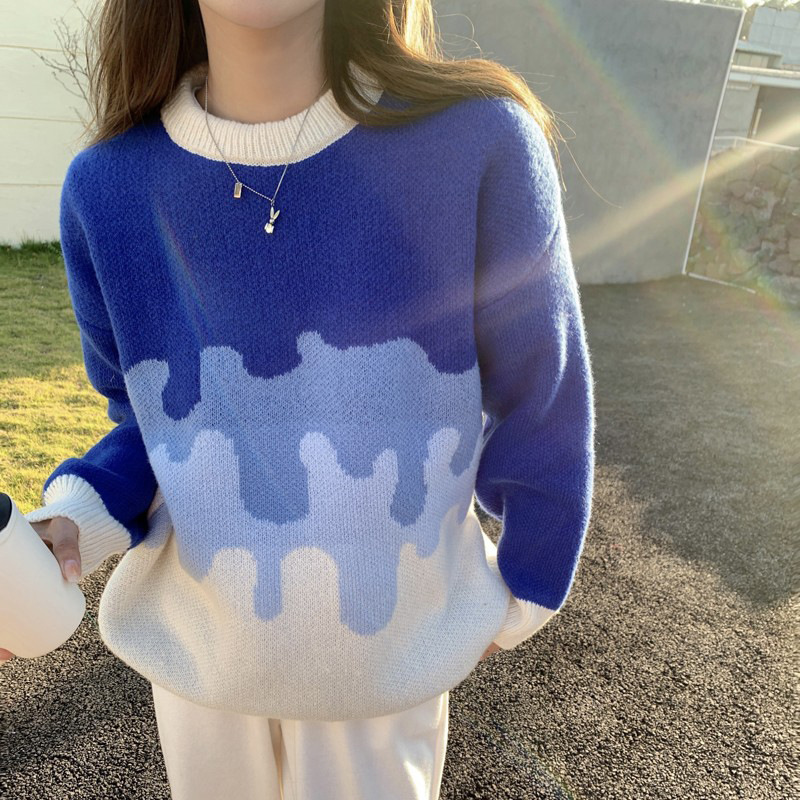渐变色克莱因蓝毛衣女2022年新款秋冬季慵懒风大码撞色针织衫上衣