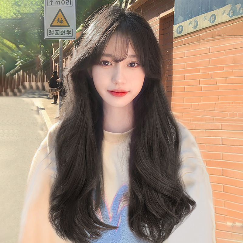 Wig Women's Air bangs mid-length artificial hair natural full head cover big wave long curly hair Internet celebrity wig