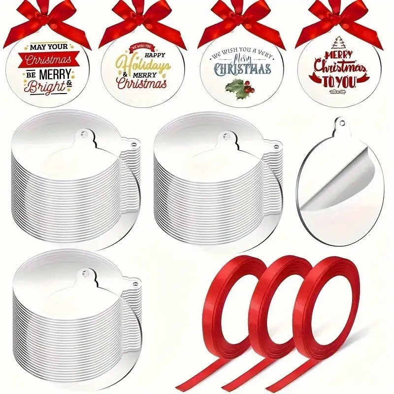 100 件 3 英寸透明亚克力圣诞装饰品 - DIY 空白小饰品，带丝带