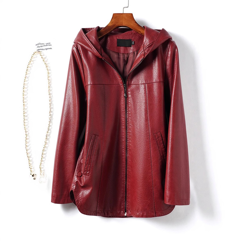 Cross-Border Women's Leather Jacket 2026 Spring Collection Hooded Black Versatile Casual Leather Jacket New Style Sheepskin Coat Trendy