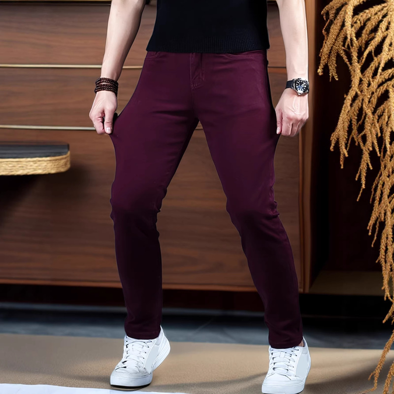 Men's Jeans, Stretchy, Simple, Slim-Fit, Multi-Technique, Slimming, Burgundy Men's Pants