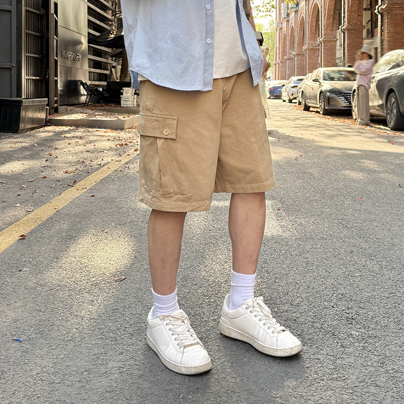 Khaki Multi-Pocket Cargo Shorts Pure Cotton Men's 2025 New Summer Casual Versatile Straight Loose Knee-Length Shorts