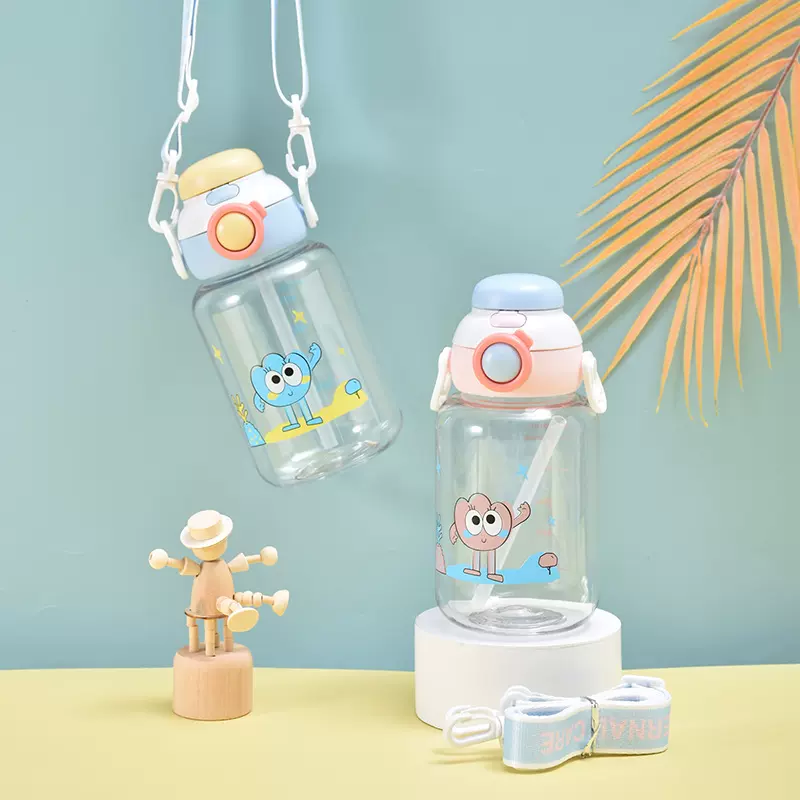 大容量Tritan塑料杯高颜值儿童学生水壶可爱带提绳一键双饮吸管杯