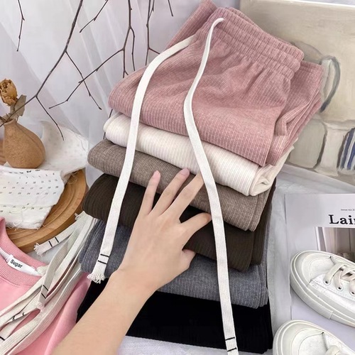 Spring Comfort Cashmere-like Straight Leg Wide Leg Strolling Pants for Women, Hong Kong Style, Elastic Drawstring Long Pants, Casual Floor-Length Pants