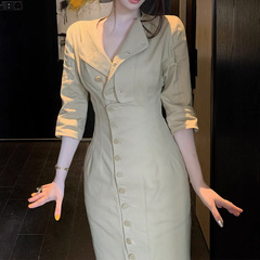 2025秋季新款气质时髦通勤单排扣收腰显瘦翻领长裤连衣裙女裙子潮