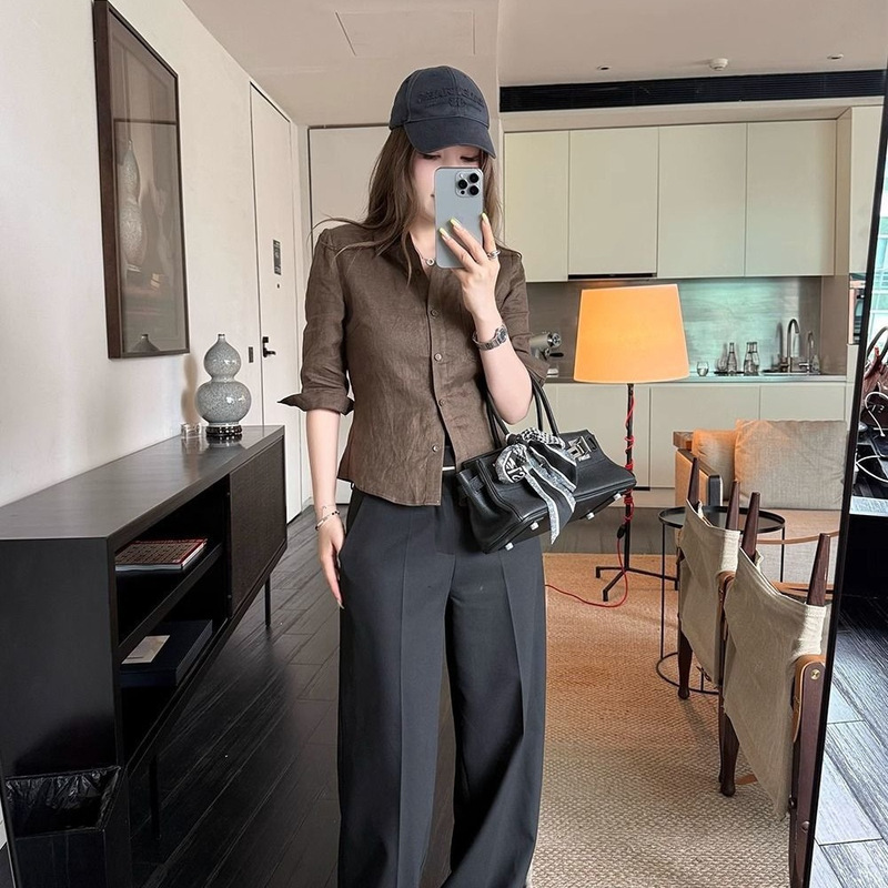 Bag Beautiful Cotton and Linen Mid-Sleeve Shirt for Women Summer New Natural Pleated Shirt Waist Top Ivory White Coffee Color