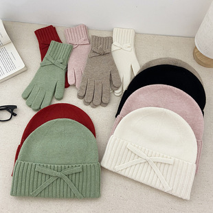 Winter Girl's Bow Warm Two-piece Set Korean Solid Color Knitted Gloves Windproof Cold-proof Wool Hat suit