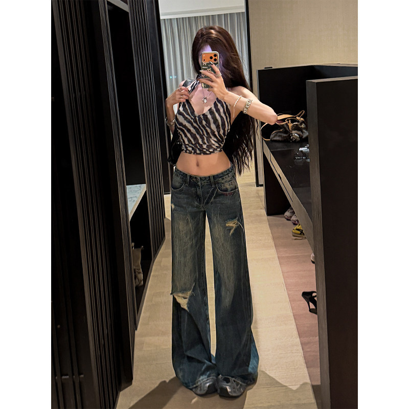 Zheng Xiaoliang Spicy Girl Low-Waist Wide-Leg Jeans for Women 2026 Summer New Style Loose Slimming Ripped Trendy Floor-Length Pants