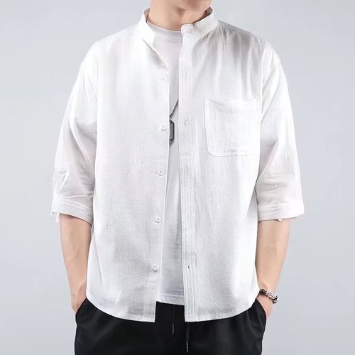 Japanese Retro Stand Collar Short Sleeve Shirt for Men - Summer Trend Brand High-End Sophisticated Dandy Men's Shirt - Plus Size Seven-Finger Sleeve