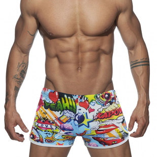 UXH men's cartoon printing fun fashion boxer swimming trunks sports split tether close fitting swimming beach Four Corners