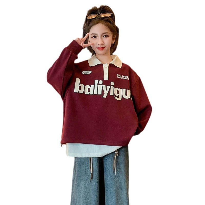 Kinderkleidung Mädchen im Jahr 2024 Neuheit, mittelgroßer Kapuzenpullover mit Polokragen, Reversoberteil, Frühling und Herbst für Kinder_voghion.com