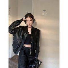 美式复古黑色翻领皮衣外套女春秋酷飒风小众宽松机车pu皮夹克上衣