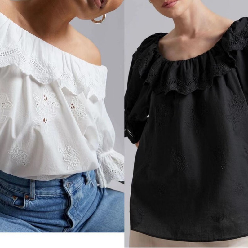 French OS Home 2024 Summer New Sweet Age-reducing Embroidered Hollow Pure Cotton Ruffled Spoon Collar Slim Shirt