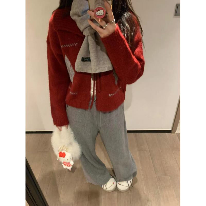 YS韩系小个子菱格翻领毛衣女秋冬慵懒风宽松软糯短款外穿针织上衣|undefined