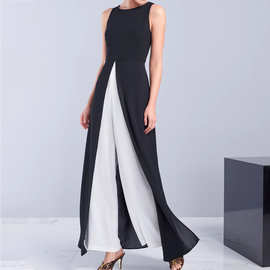 2021亚马逊新款无袖塑身黑白撞色连衣裙长裤套装（长裙+长裤）