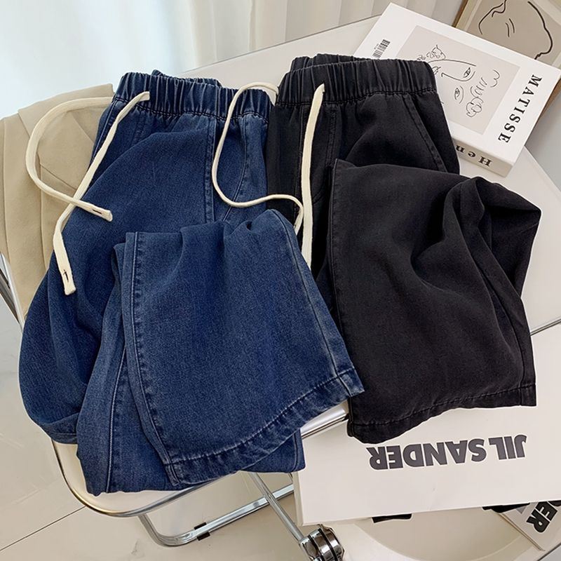 Plus-Size 100kg Elastic Mid-Waist Wide-Leg Jeans for Women, Summer Loose Thin Straight Casual Pants Plus-Size 100kg Elastic Mid-Waist Wide-Leg Jeans for Women, Summer Loose Thin Straight Casual Pants