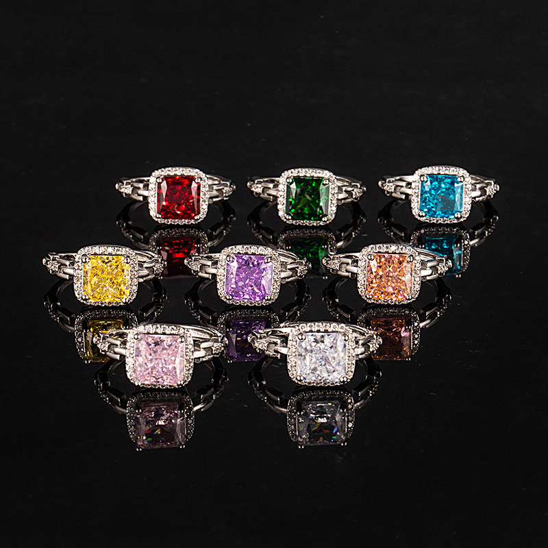 European and American Style Luxury High Carbon Diamond Square Pink Ring Female Celebrity Style Fashion Color Treasure Ice Flower Cut Zircon Ring