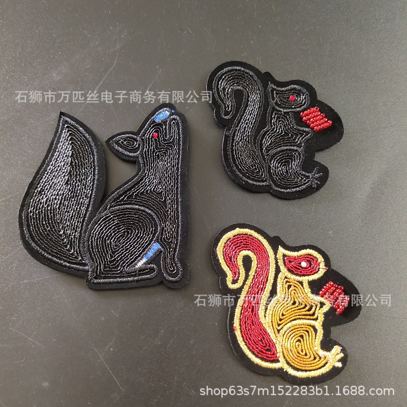 松鼠仿印度丝绣花章电脑刺绣特种绣绳绣珠子厂家现货支持来图定制