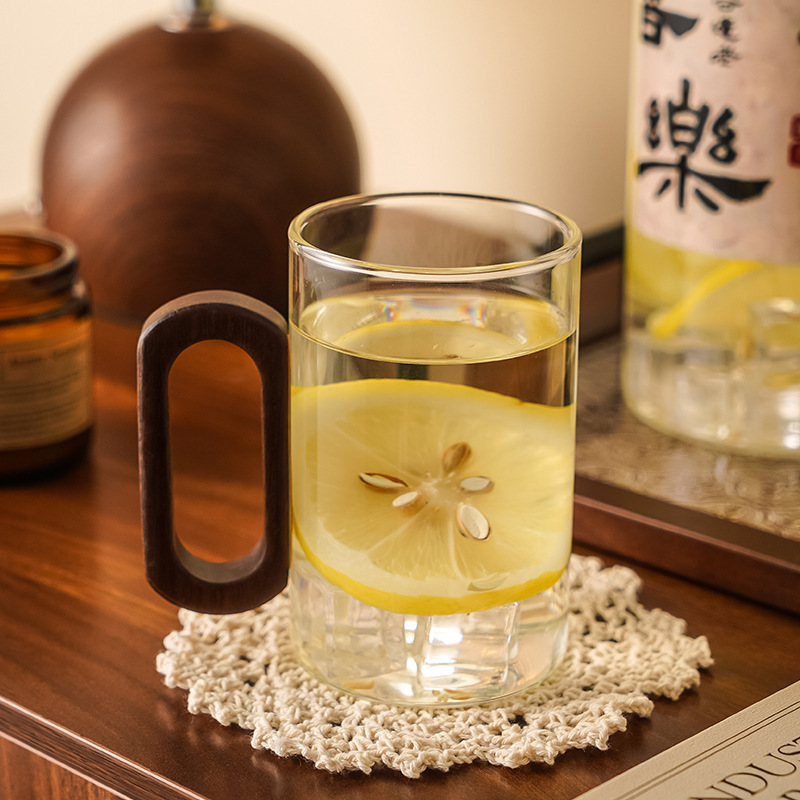 スモークグレー木製ハンドル単層カップ高ホウケイ酸耐熱ガラスティーカップ飲料水増粘ガラス新築祝いギフト|undefined
