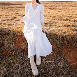 中式禅服女仙气茶服居士打坐佛系禅意改良交领汉服宽松连衣裙白色