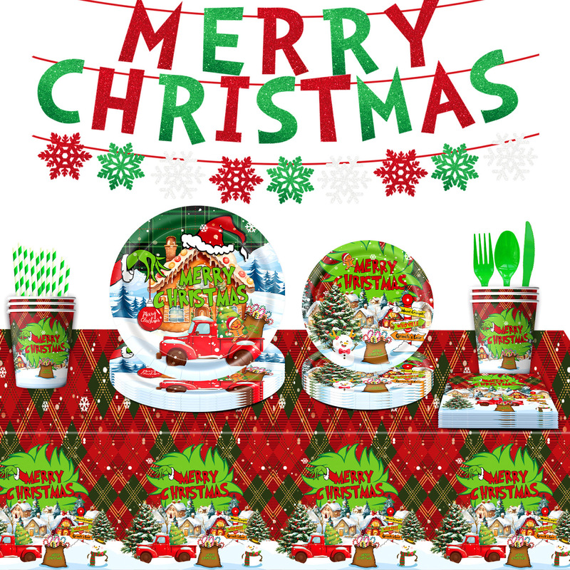 New Christmas Grinch Theme Holiday Party Tableware Disposable Paper Plates Paper Towels Tablecloths Banners Venue Decorations