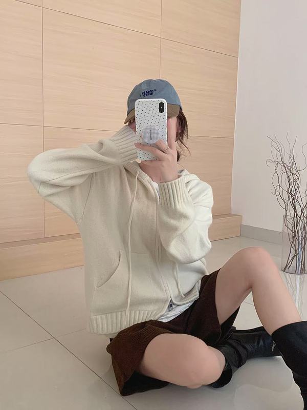 秋冬新款设计感抽绳连帽双拉链口袋休闲针织开衫女简约百搭外套|undefined