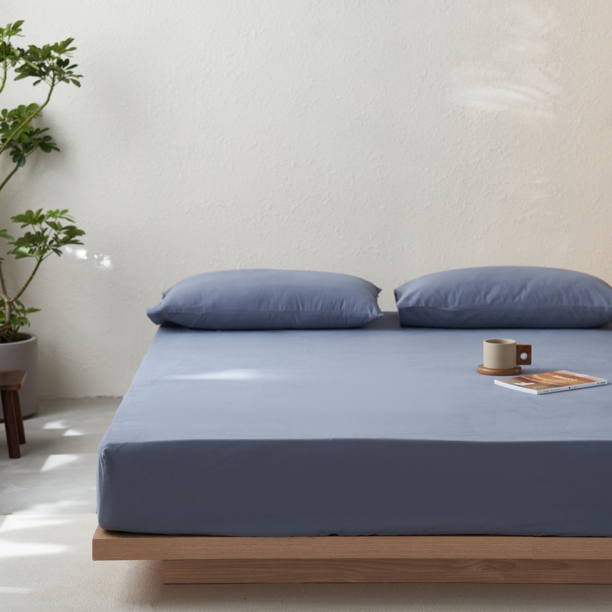 Juego de Ropa de Cama de Algodón Cepillado de Color Sólido, Estilo Japonés, Color Crema, Sábanas Ajustables de Algodón Puro, Juego de Tres Piezas.