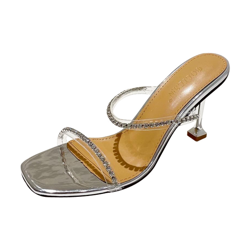 Sandalias y zapatillas de tacón de aguja con cinturón de una palabra y diamantes de imitación de cabeza cuadrada NSZLX118276