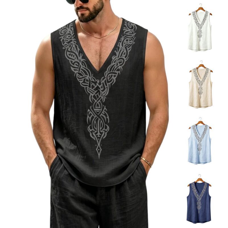 Men's Linen Vest V-Neck Sleeveless Printed Casual Top Breathable Linen Resort Style Men's Clothing