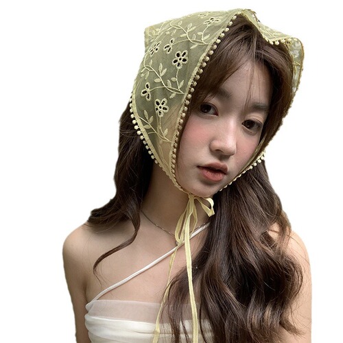 Retro forest system cute sweet lace triangular scarf for women, spring and summer thin model, versatile embroidery fresh hairband with ribbon