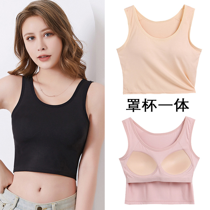 여성용 모달 쇼트 서스펜더 아이스 실크 조끼 속옷, 가슴 패드가 있는 여성용 올인원 잠옷, 여름용 얇은 브라 프리