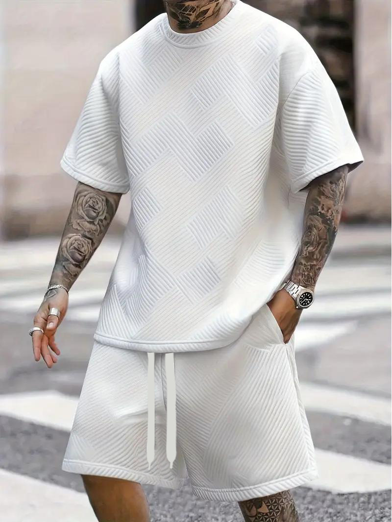 Men's Jacquard Print Short Sleeve T-Shirt & Shorts Set - Summer Casual Athletic 2-Piece Outfit​_viptrois.com