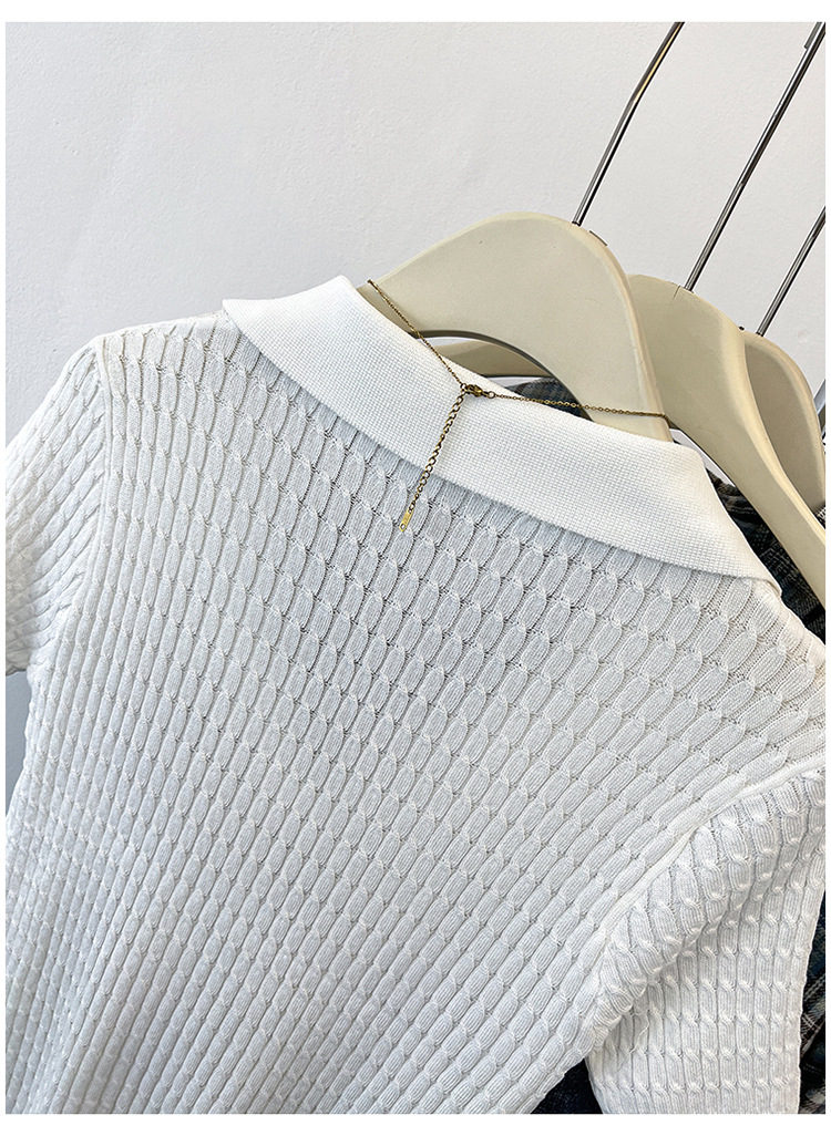 Elegante t-shirt da donna in maglia a trecce con collo a revers_voghion.com