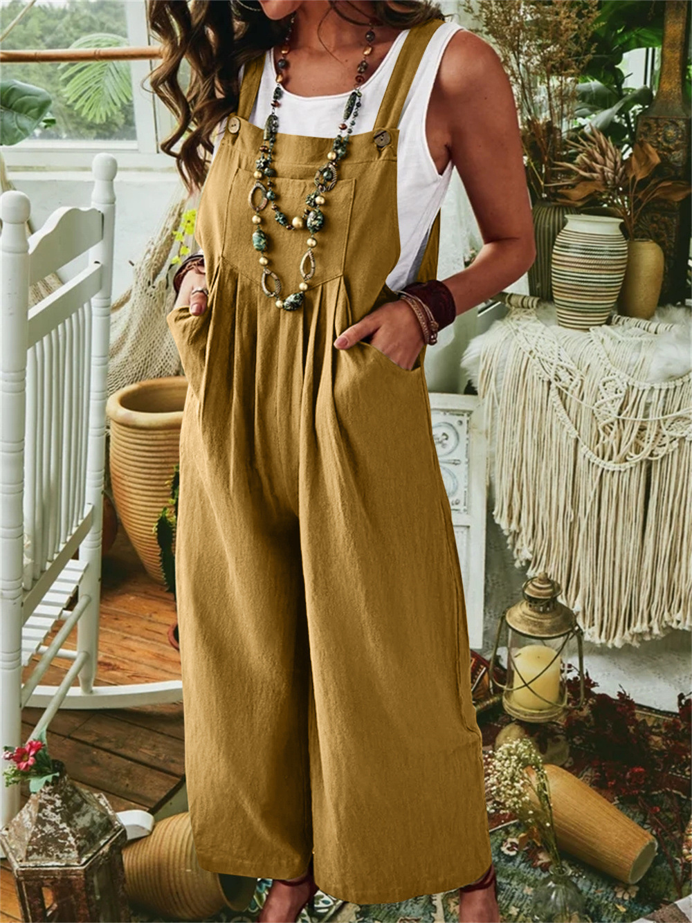 2024 deseo de las mujeres Amazon eBay engrosada algodón lino color sólido sin mangas bolsillo casual pierna ancha hebilla lateral mono